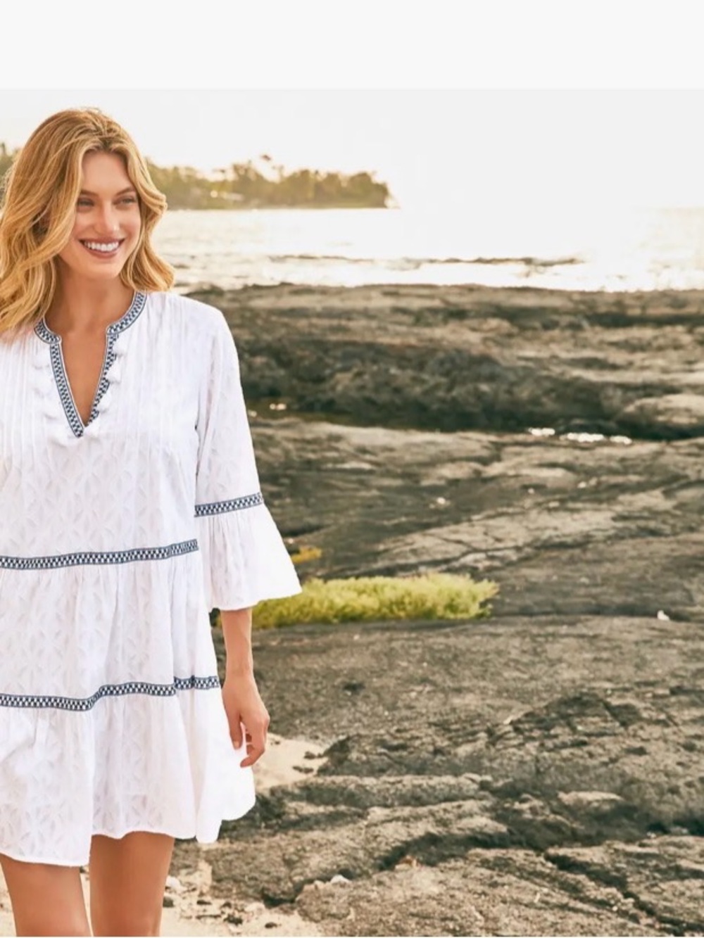 Tommy Bahama White Embroidered Tiered Tunic Dress with Navy Trim - medium. X - Picture 3 of 7